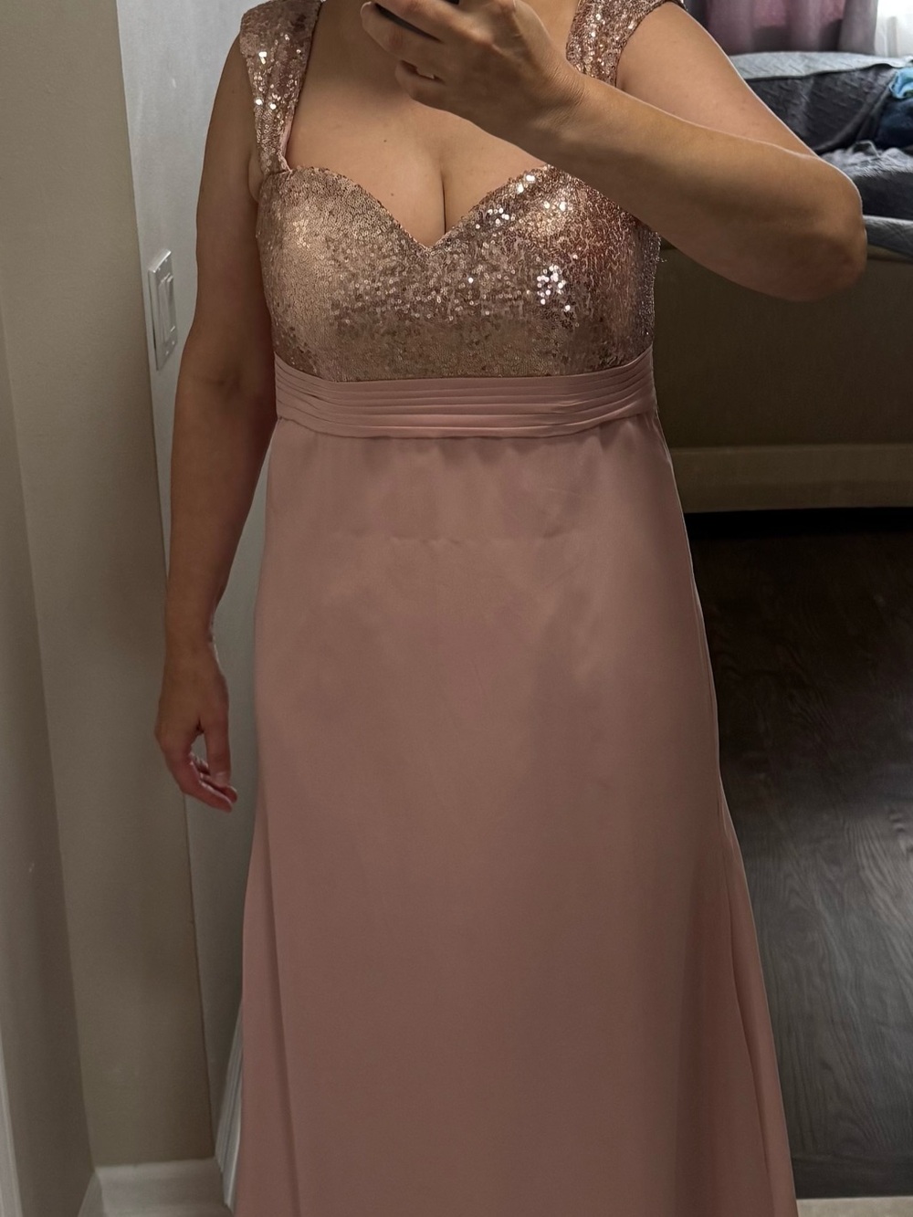 Blush Pink Rose Gold Sequin Formal Evening Maxi Gown Size 10-12